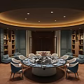 Elegant Private Dining Room Interior With Round Table Ceiling Lighting And Display Cabinets 3d model