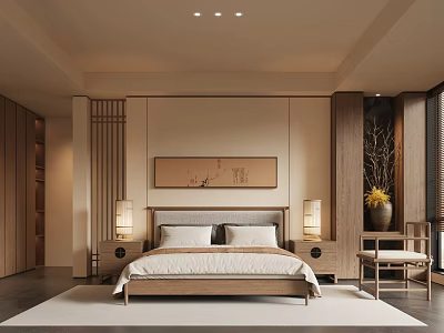 Minimalist Modern Zen Bedroom Interior Design With Wooden Bed Nightstands Lamps And Decorative Wall Art 3d model