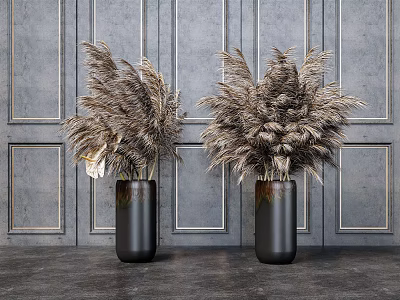 Black Vase With Brown Reed Flowers On Gray Paneled Wall Background 3d model