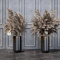 Black Vase With Brown Reed Flowers On Gray Paneled Wall Background