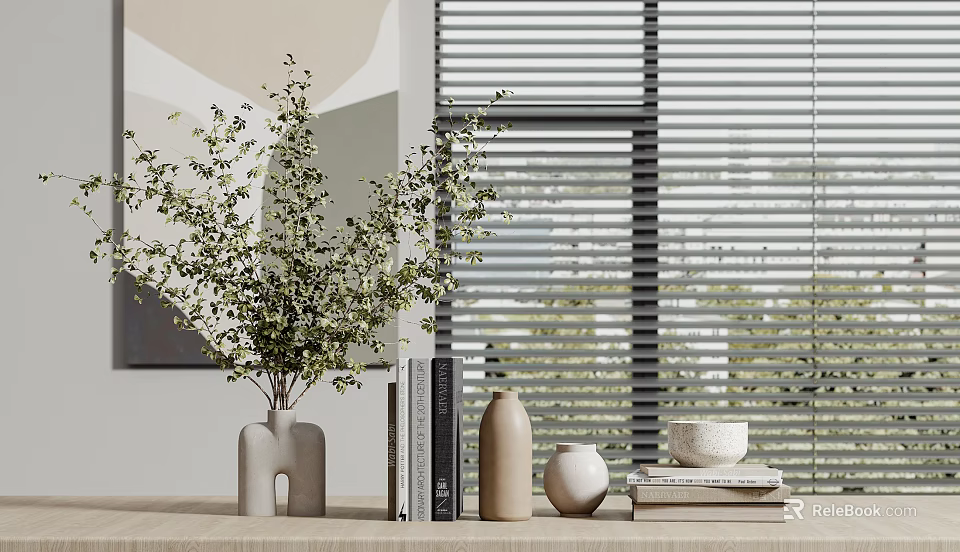 Stylish Decorative Ornament Set With Green Plant Vase Books And Ceramic Pieces On Modern Windowsill 3d model 