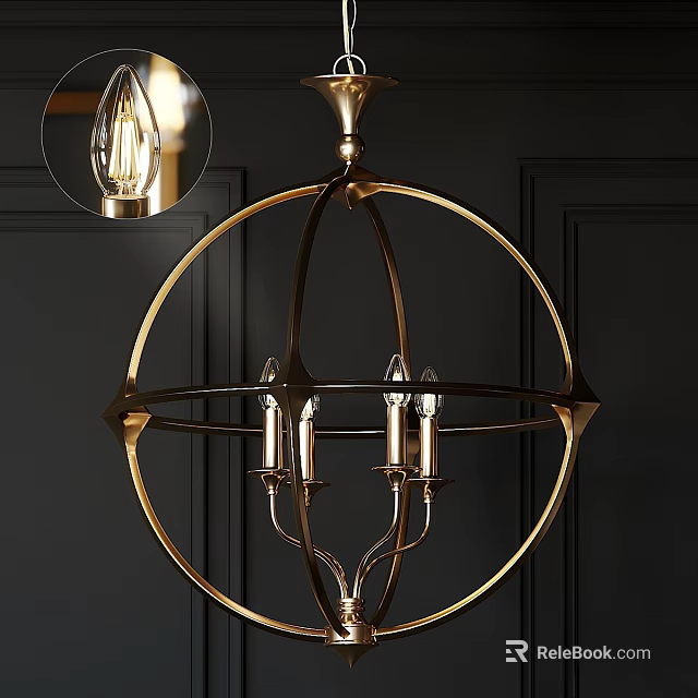 Elegant Brass Spherical Frame Chandelier With Decorative Bulbs For Modern Interior Design 3d model 