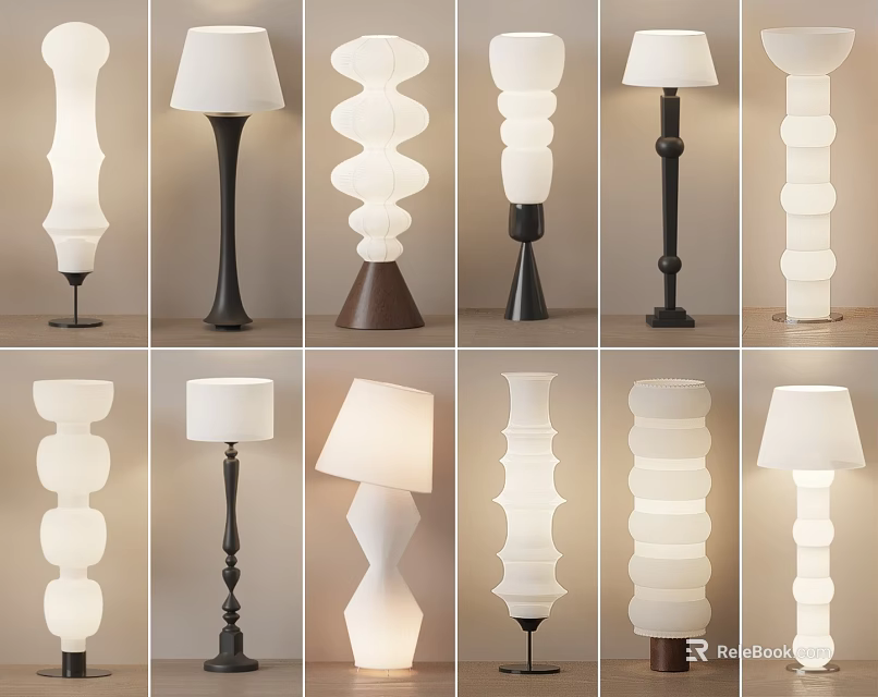 Various Modern Floor Lamps With Different Designs Including Glass Shades And Wooden Bases For Interior 3d model 