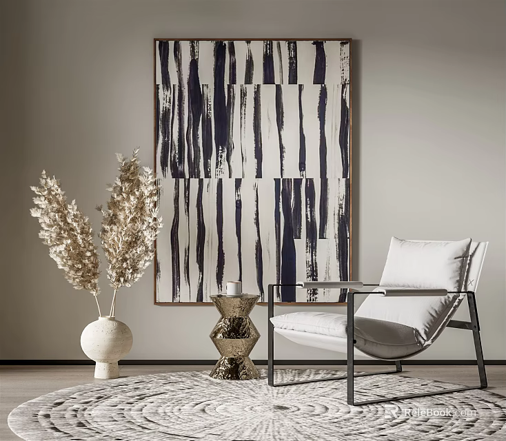 Modern Accent Chair With White Cushion In Living Room With Abstract Painting 3d model 