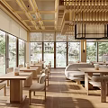 Modern Japanese Restaurant Interior With Wooden Ceiling Circular Decorative Wall Bar Counter And Dining Tables