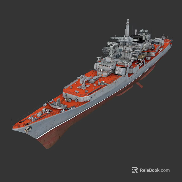 Modern Warship Model With Red Deck Gray Superstructure Antennas And Guns 3d model 