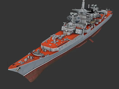Modern Warship Model With Red Deck Gray Superstructure Antennas And Guns 3d model
