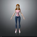 Child With Red Hair Wearing Pink T-shirt Blue Jeans And Pink Shoes On Gray Background