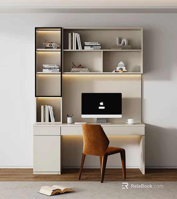 Modern Home Desk With Apple Computer Brown Chair Lit Shelves Books And Decor Items 3d model 