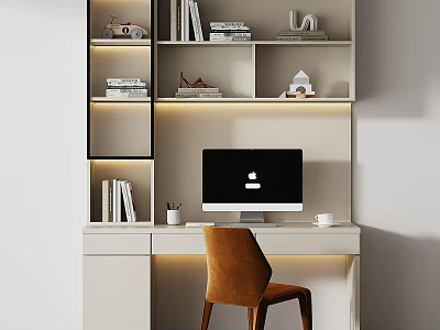 Modern Home Desk With Apple Computer Brown Chair Lit Shelves Books And Decor Items 3d model