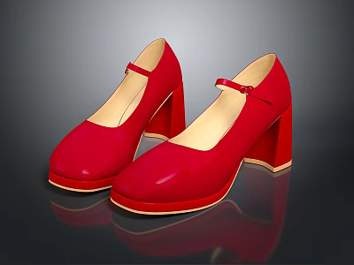 Red Patent Leather Mary Jane Heels With Block Heel And Ankle Strap 3d model