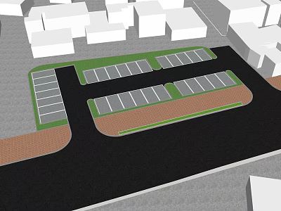 Aerial View Of Parking Lot Layout With Multiple Areas Surrounded By Buildings And Green Spaces 3d model