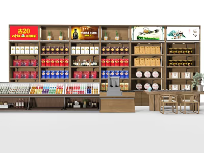 Display Shelves Featuring Multi Colored Products in Layered Arrangement with Retail Store Advertising Posters 3d model