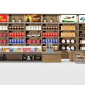 Display Shelves Featuring Multi Colored Products in Layered Arrangement with Retail Store Advertising Posters