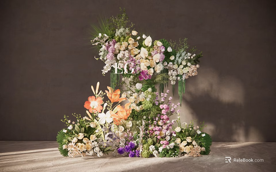Elegant Floral Installation With Mixed Colorful Blooms Greenery And Layered Design 3d model 