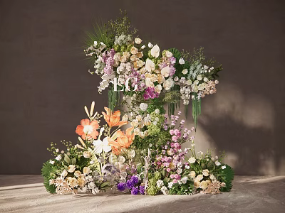 Elegant Floral Installation With Mixed Colorful Blooms Greenery And Layered Design 3d model