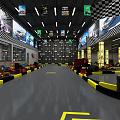 Indoor Go Kart Track With Large Racing Screens Yellow Pillars Checkered Ceiling And Floor Markings
