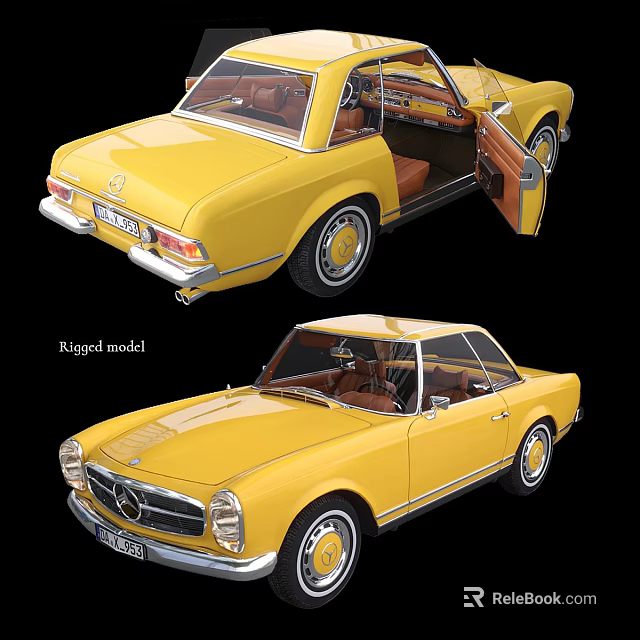 Vintage Yellow Convertible Car With Open Doors And Brown Leather Interior 3d model 