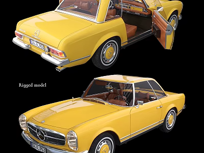 Vintage Yellow Convertible Car With Open Doors And Brown Leather Interior 3d model