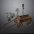 Outdoor Decorative Scene Components With Wooden Cart Fountain Birdhouse And Round Table