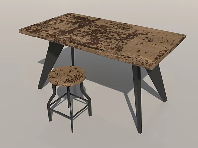 Rustic Wooden Office Desk With Distressed Surface Black Metal Legs And Matching Stool 3d model