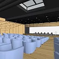 Large Modern Conference Room With Rounded Tables Chairs Large Screens Red Ceiling Decor And Windows