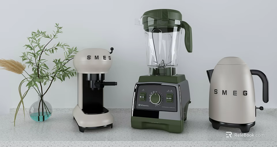 Stylish SMEG Kitchen Appliances Cream Coffee Machine Green Blender And Toaster On Modern Countertop 3d model 