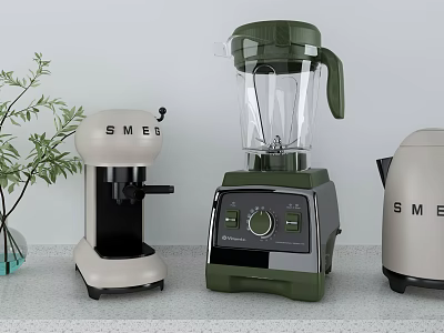 Stylish SMEG Kitchen Appliances Cream Coffee Machine Green Blender And Toaster On Modern Countertop 3d model