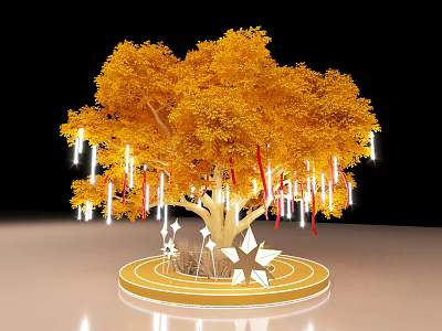 Golden Tree Art Installation With Hanging Decorations And Star Adorned Circular Base 3d model
