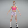 Woman Wearing Pink Sports Bra Light Purple Shorts White Socks And Sneakers Fitness Pose