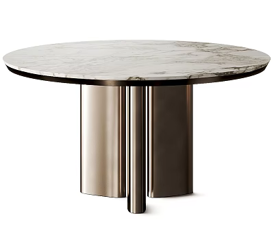 Round Modern Dining Table With Sleek Marble Top Supported By Metallic Cylindrical Base 3d model