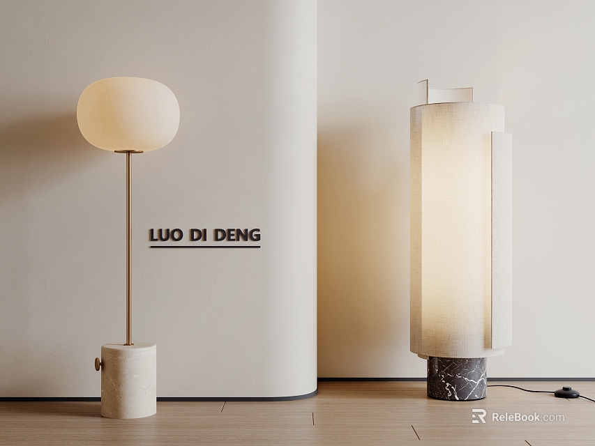 Modern Floor Lamps With Round Fabric Shade Cylindrical Linen Cover Marble Base And Metal Stand 3d model 