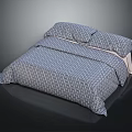 Modern Bed With Blue And White Geometric Pattern Bedspread And Pillows