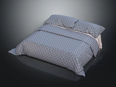 Modern Bed With Blue And White Geometric Pattern Bedspread And Pillows 3d model