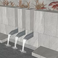 Outdoor Gray Stone Garden Wall Design With Metal Spouts Water Flow And Greenery
