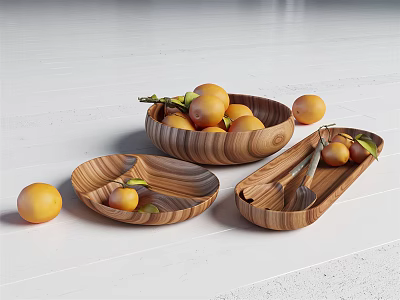 Wood Grain Ceramic Vessels Bowls Plates Trays On White Wooden Tabletop With Yellow Fruits 3d model