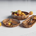 Wood Grain Ceramic Vessels Bowls Plates Trays On White Wooden Tabletop With Yellow Fruits