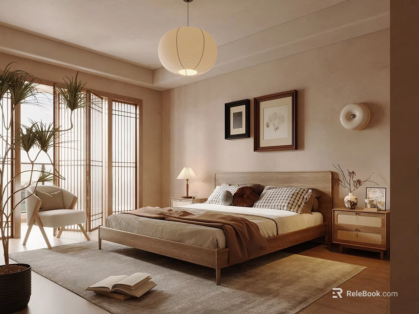 Cozy Bedroom Interior With Wooden Bed Artworks Pendant Light Green Plants Nightstand Lamp And Rug 3d model 