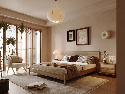 Cozy Bedroom Interior With Wooden Bed Artworks Pendant Light Green Plants Nightstand Lamp And Rug 3d model