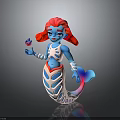 3D Mermaid Character With Blue Body Red Hair And Skeleton Like Patterns Holding Small Object