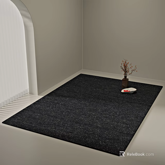 Dark Woven Square Rug With Vase Dried Flowers And Small Plate In Corner 3d model 