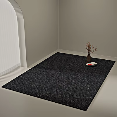 Dark Woven Square Rug With Vase Dried Flowers And Small Plate In Corner 3d model