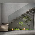 Modern Minimalist Staircase Interior With Wooden Steps Concrete Walls Palm Trees And Lights