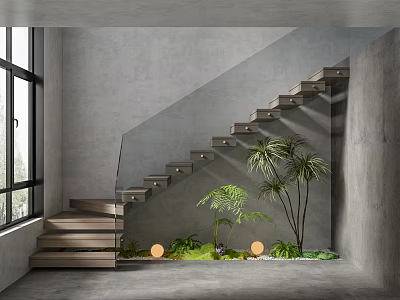Modern Minimalist Staircase Interior With Wooden Steps Concrete Walls Palm Trees And Lights 3d model