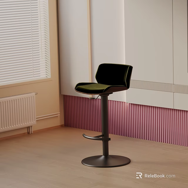 Modern Black Bar Stool With Green Velvet Seat Near White Blinds And Pink Striped Wall 3d model 
