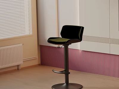Modern Black Bar Stool With Green Velvet Seat Near White Blinds And Pink Striped Wall 3d model