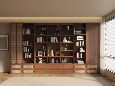 Elegant Wooden Bookshelf Room Interior With Books Decorative Items And Window Blinds 3d model