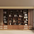 Elegant Wooden Bookshelf Room Interior With Books Decorative Items And Window Blinds