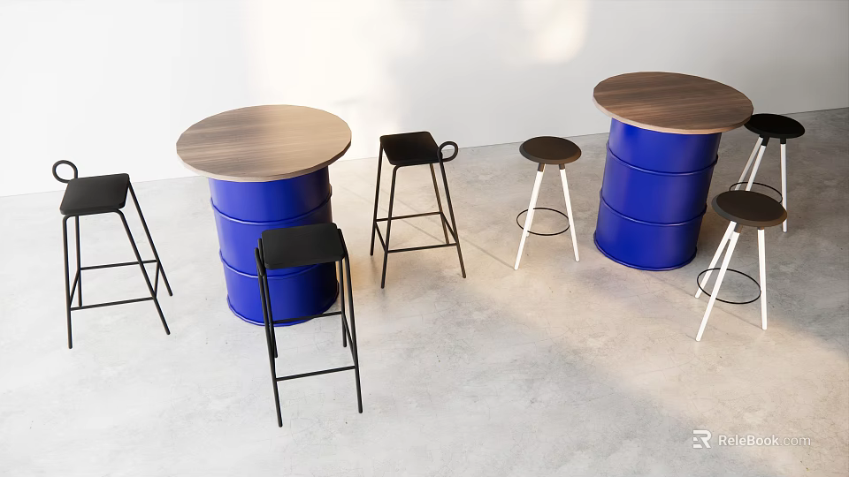 Modern Interior Bar Counter With Blue Barrel Base Wooden Top And Bar Stools 3d model 