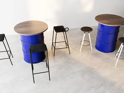 Modern Interior Bar Counter With Blue Barrel Base Wooden Top And Bar Stools 3d model